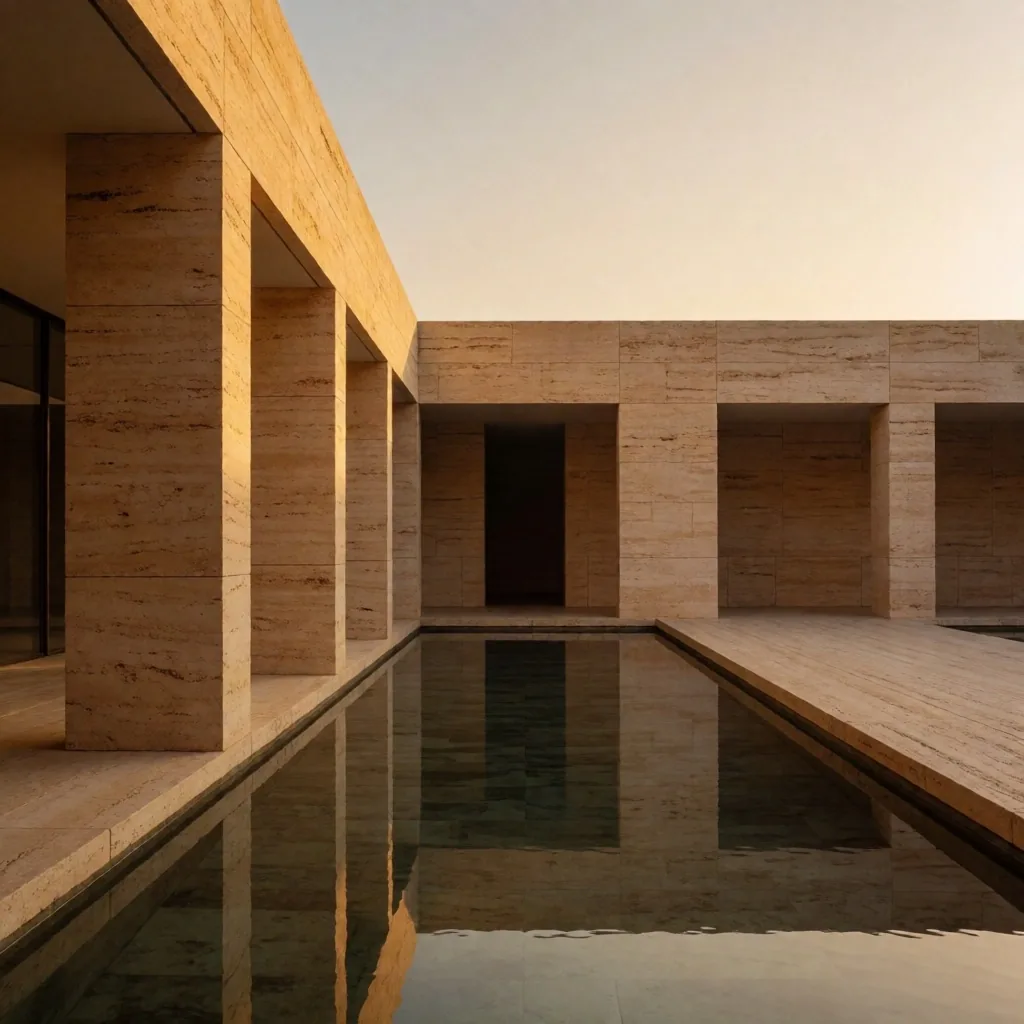 Travertine architectural texture with warm sunlight
