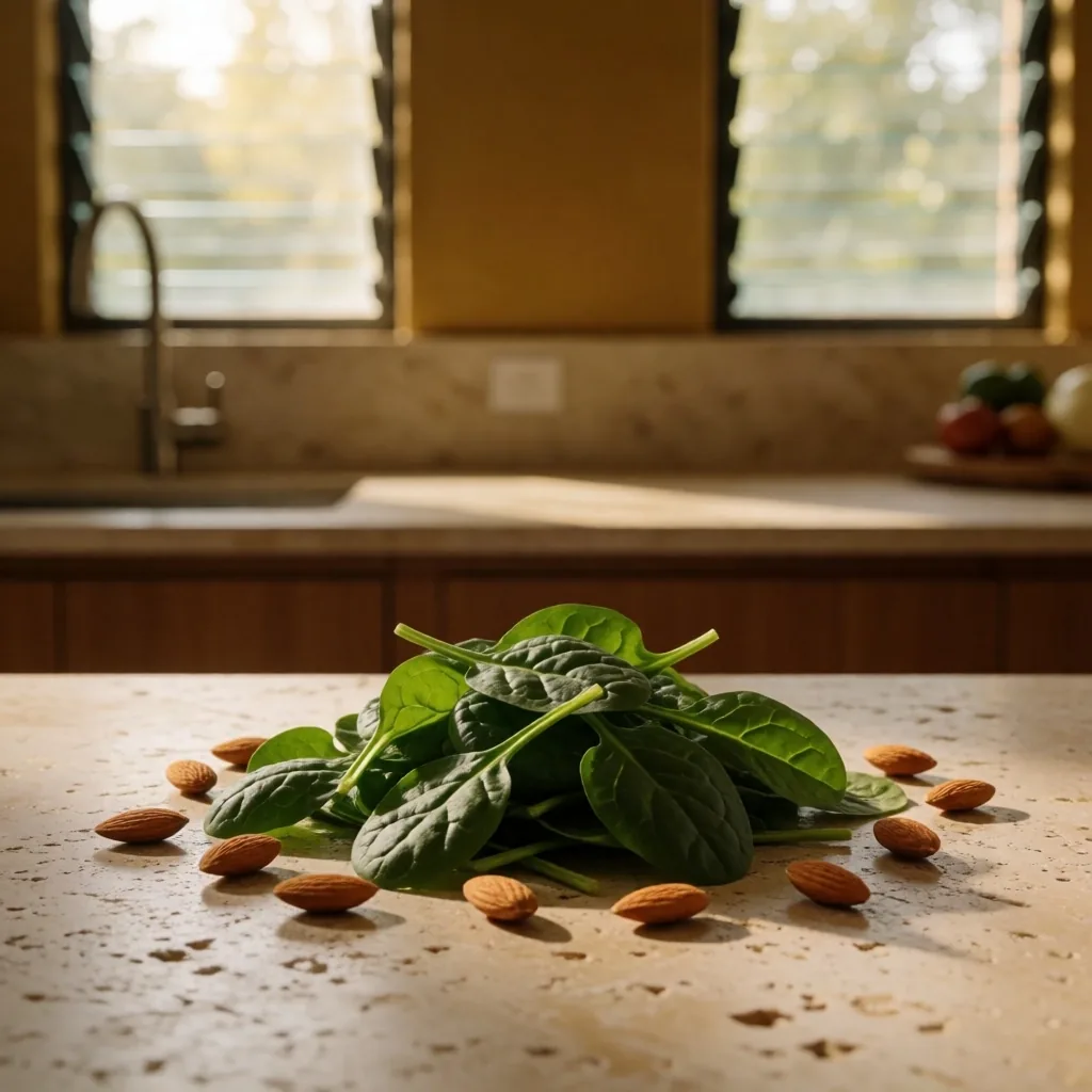 Travertine kitchen counter with whole almonds and spinach in morning light