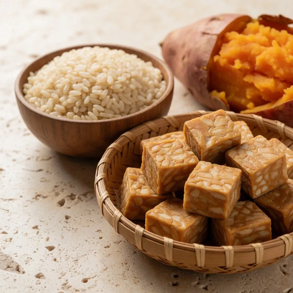 Assorted nutrient-dense foods on stone surface